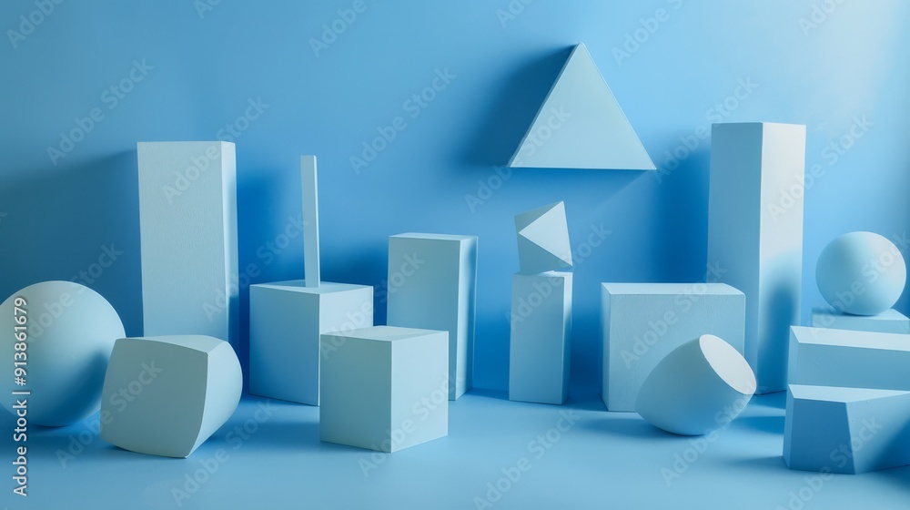 Various geometric shapes in soft blue tones are artfully arranged against a matching blue backdrop, creating a tranquil and balanced visual composition. Various geometric shapes in soft blue tones are artfully arranged against a matching blue backdrop, creating a tranquil and balanced visual composition.