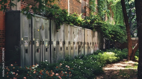 Sunlight filters through trees, casting dappled shadows on a quiet row of school lockers surrounded by blooming flowers and lush greenery.