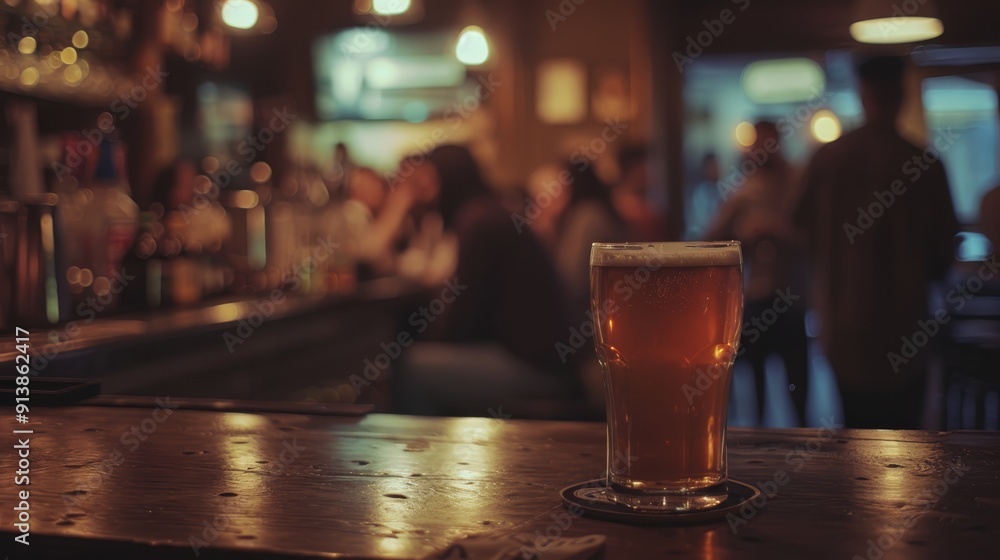 A glass of beer on a wooden bar counter exudes a comfortable, social setting as blurred patrons gather in the background. A glass of beer on a wooden bar counter exudes a comfortable, social setting as blurred patrons gather in the background.
