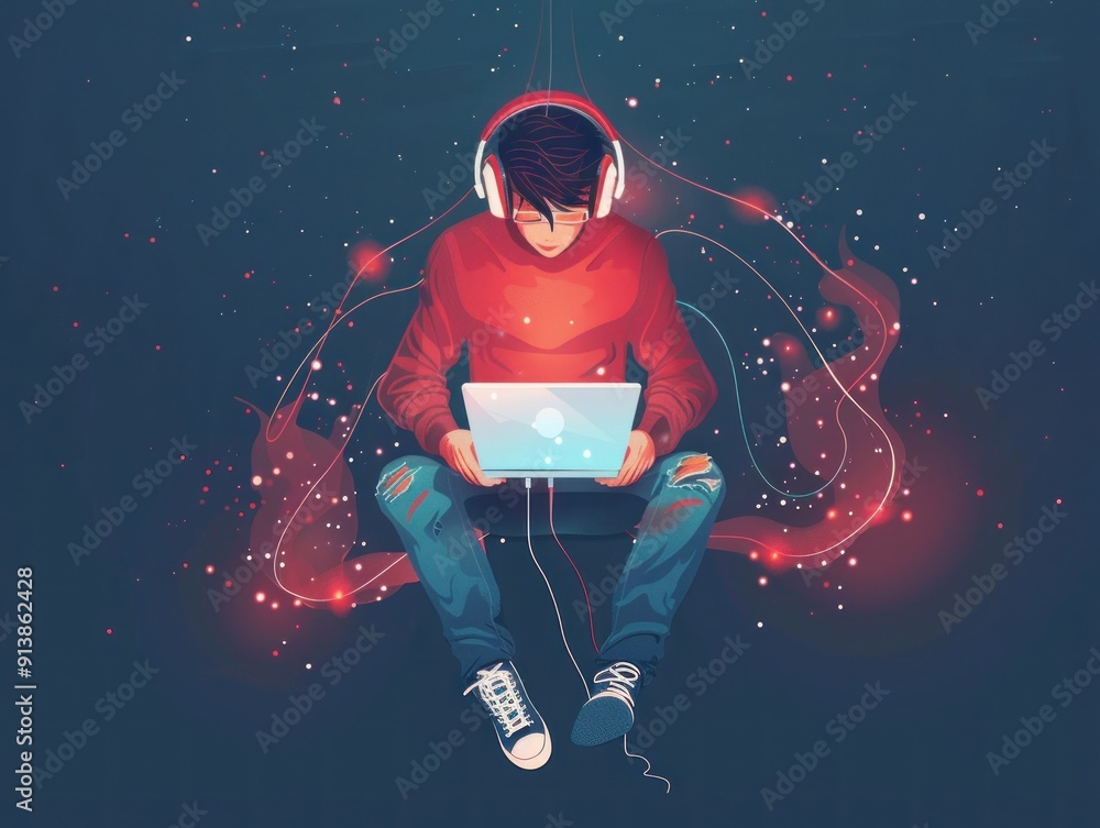 Young Man Working on Laptop with Headphones Young Man Working on Laptop with Headphones