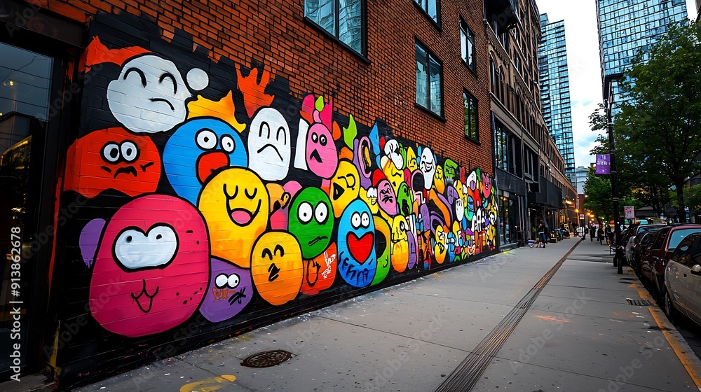 Obraz premium Colorful graffiti art explodes on urban wall, a vibrant canvas of children's drawings and cartoon characters