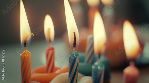 Close view of birthday candles lit, dripping wax and vibrant flames symbolize the warmth and joy of a special celebration. photo