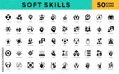 Soft skills icon set with communication, collaboration, creativity, problem solving, adaptability, leadership, teamwork, time management, decision making, empathy icon. Simple glyph vector 
