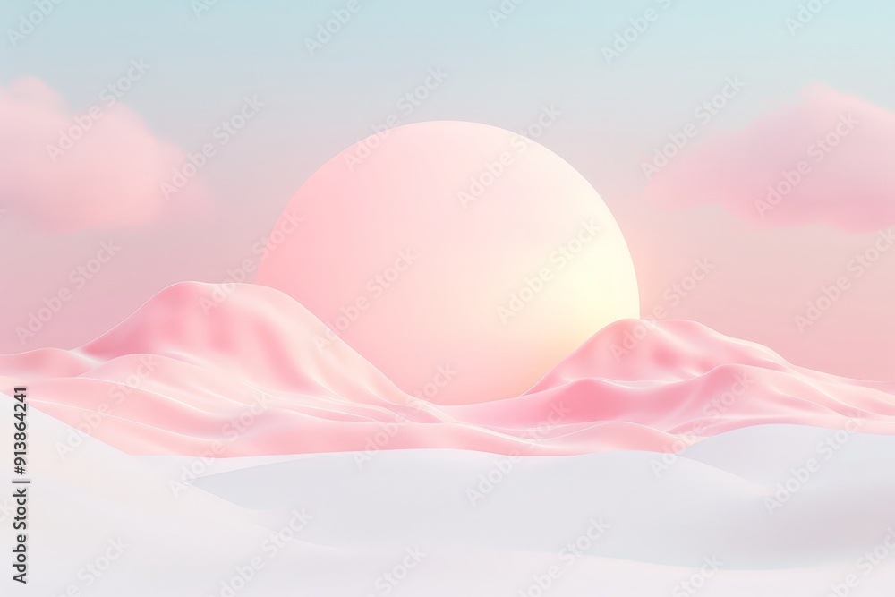 Soft pastel landscape with pink sun and hills, ideal for dreamlike and surreal concepts. Soft pastel landscape with pink sun and hills, ideal for dreamlike and surreal concepts.