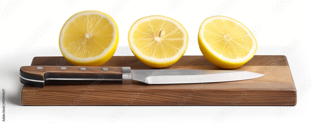 Half a yellow lemon and a knife on a wooden cutting board. AI generation.
Half a yellow lemon and a knife on a wooden cutting board. AI generation.