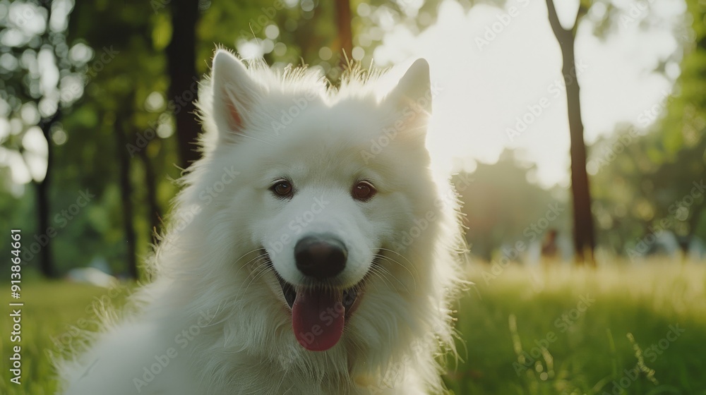 A cheerful white dog, with its tongue out and eyes sparkling, enjoys an idyllic morning in a green park, basking in nature and loving life. A cheerful white dog, with its tongue out and eyes sparkling, enjoys an idyllic morning in a green park, basking in nature and loving life.
