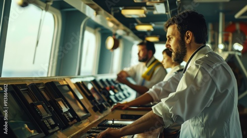 A group of people in professional attire attentively operate control panels on a ship's command bridge, focusing on navigation and communication tasks.