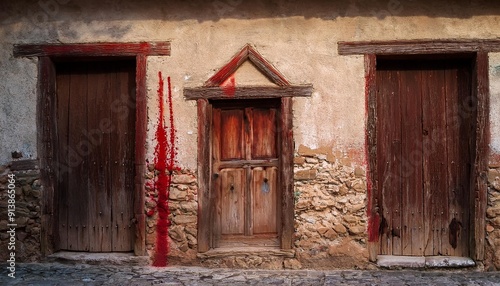Exodus: The Bible Story about Pascha, Putting Blood on the Doorpost. Crumbling adobe house with a narrow wooden door, doorpost marked with blood. 