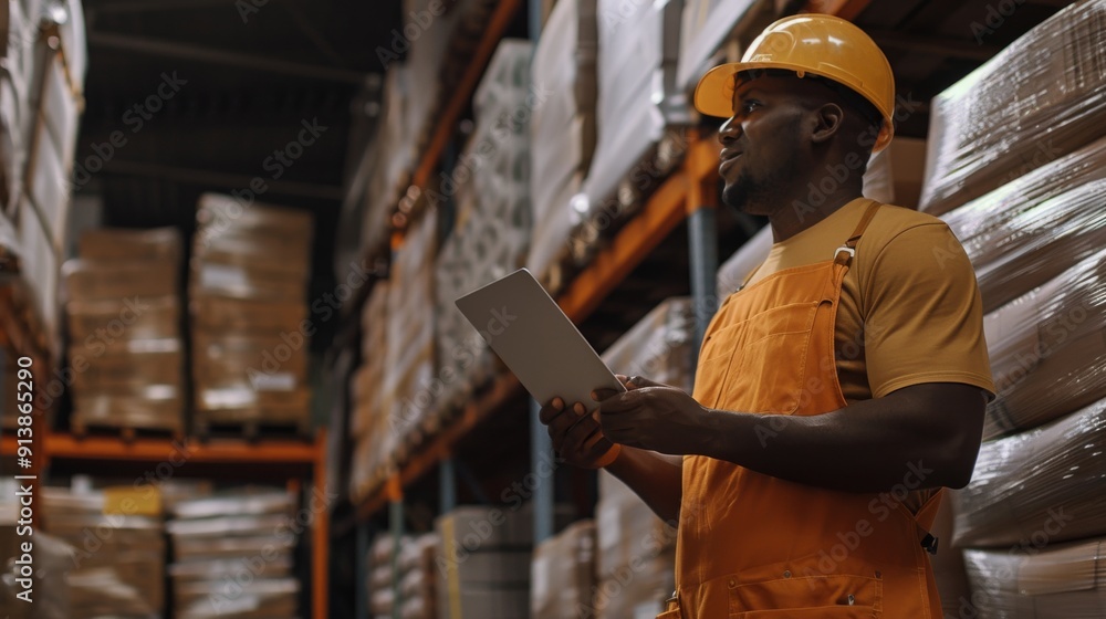 A warehouse employee dressed in an orange helmet and apron engages with a tablet amidst towering shelves stacked with boxes in a dimly lit storage space. A warehouse employee dressed in an orange helmet and apron engages with a tablet amidst towering shelves stacked with boxes in a dimly lit storage space.