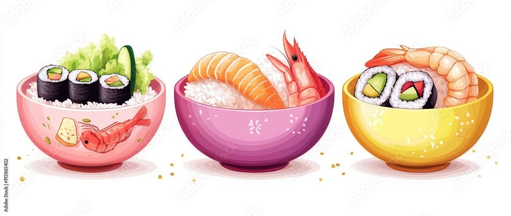 An Asian dish with rice, shrimp, salmon or tuna, avocado, cucumber, tomato and corn. Cartoon illustration of traditional oriental food with seafood and vegetables. An Asian dish with rice, shrimp, salmon or tuna, avocado, cucumber, tomato and corn. Cartoon illustration of traditional oriental food with seafood and vegetables.