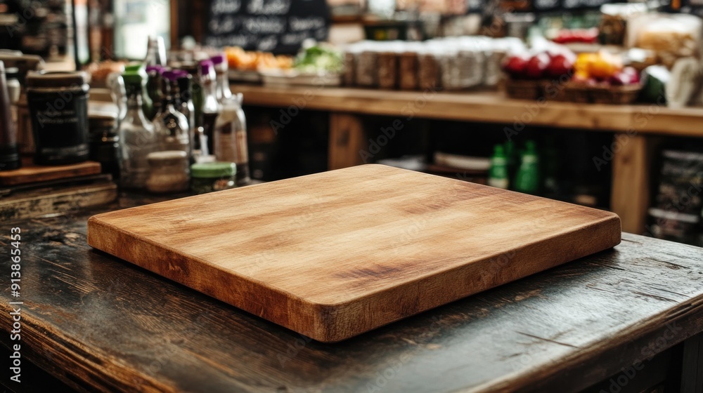 Wooden Cutting Board on Rustic Countertop Wooden Cutting Board on Rustic Countertop