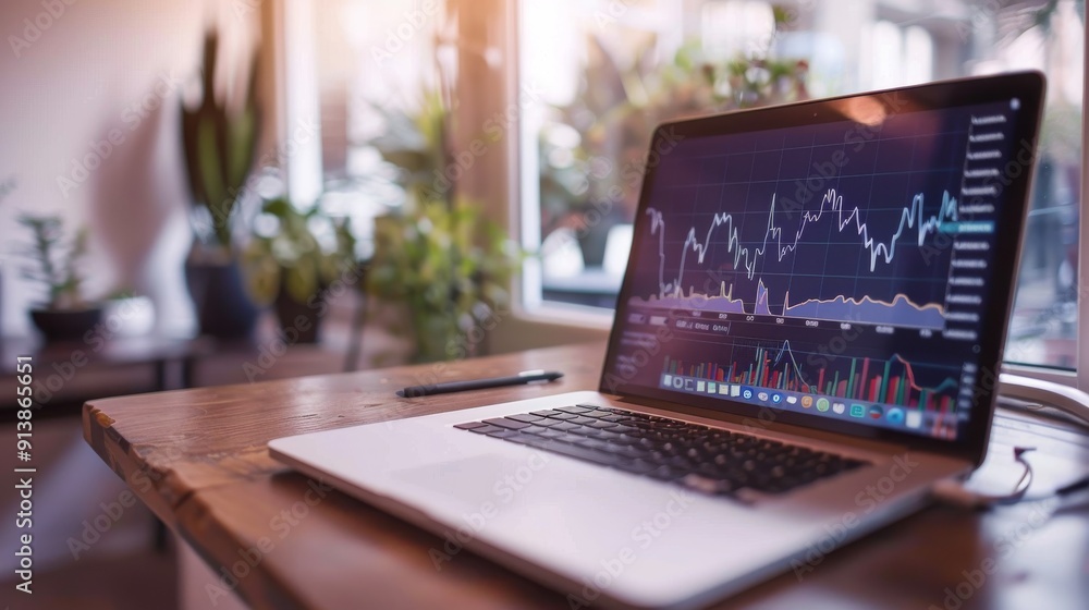 A laptop displaying stock market graphs sits on a wooden desk bathed in warm sunlight, portraying productivity and analysis. A laptop displaying stock market graphs sits on a wooden desk bathed in warm sunlight, portraying productivity and analysis.
