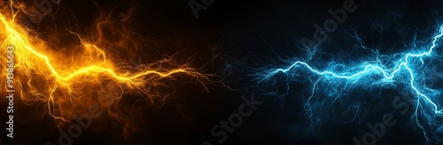 The collision of lightning with light energy in blue and yellow. The resulting shock and storm is depicted in the versus concept. The particle explosion represents the collision discharge of the