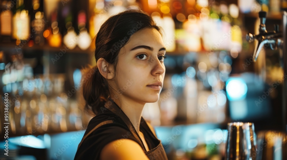 A young bartender looks attentively at the camera, surrounded by bottles and bartending tools, portraying a vibrant and busy atmosphere in the bar. A young bartender looks attentively at the camera, surrounded by bottles and bartending tools, portraying a vibrant and busy atmosphere in the bar.