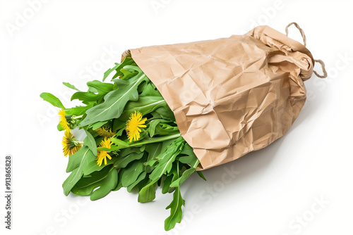 Organic Dandelion Greens Bunched in a Paper Bag on White Background - Fresh Herb for Salads and Healing Remedies photo