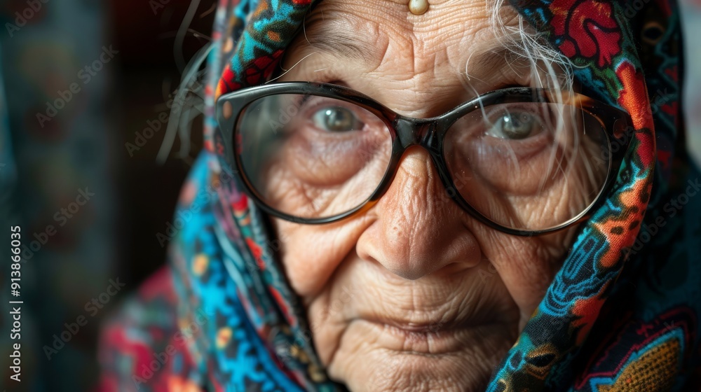 A close-up portrait of an elderly person with glasses and a colorful headscarf, their wrinkled face and wise expression reflecting a lifetime of experiences and stories. A close-up portrait of an elderly person with glasses and a colorful headscarf, their wrinkled face and wise expression reflecting a lifetime of experiences and stories.