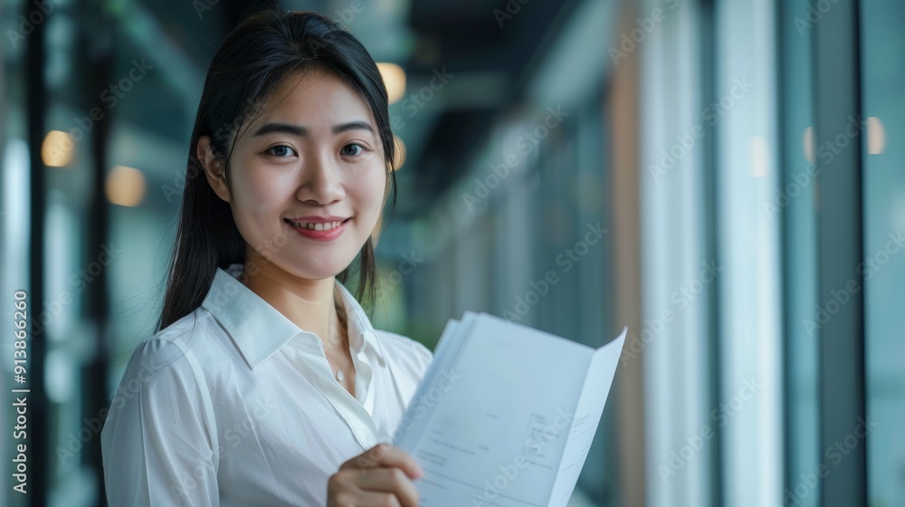 A professional young woman in an office setting smiles confidently while holding a stack of documents, showcasing poise and readiness. A professional young woman in an office setting smiles confidently while holding a stack of documents, showcasing poise and readiness.