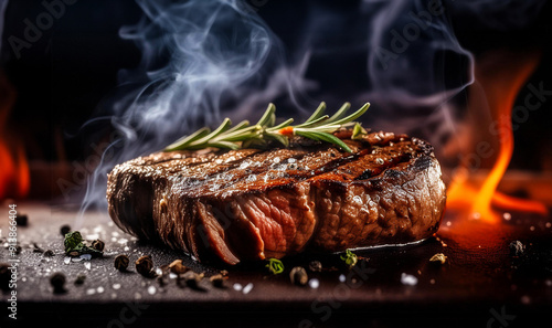 Steaks cooked on the grill and steaming photo