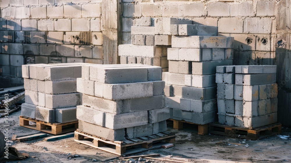 Stacks of concrete blocks on wooden pallets amidst a construction site, reflecting the early stages of a building project. Stacks of concrete blocks on wooden pallets amidst a construction site, reflecting the early stages of a building project.