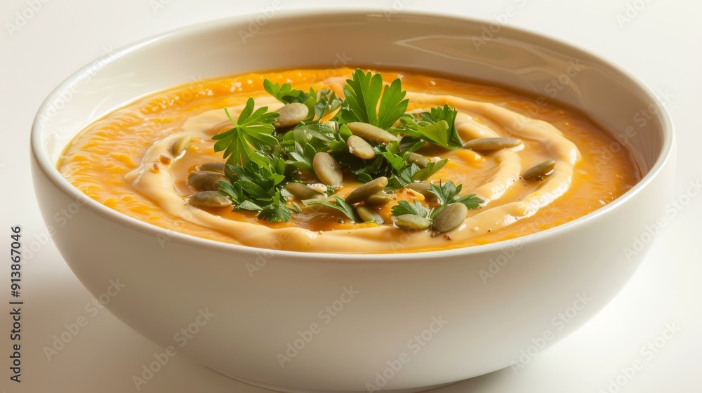 A bowl of creamy orange soup garnished with parsley and seeds, inviting and vibrant on a white background. A bowl of creamy orange soup garnished with parsley and seeds, inviting and vibrant on a white background.