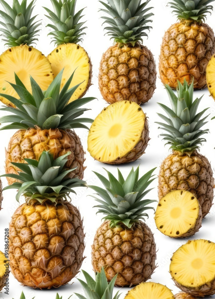 Pineapple set isolated on white background, clipping path, ai Pineapple set isolated on white background, clipping path, ai