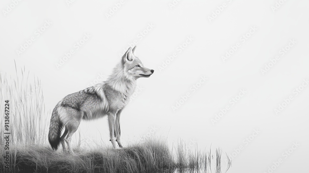 Fototapeta premium Lone wolf hazy natural landscape emotional wildlife imagery focused isolation fox minimalist magazine cover balance