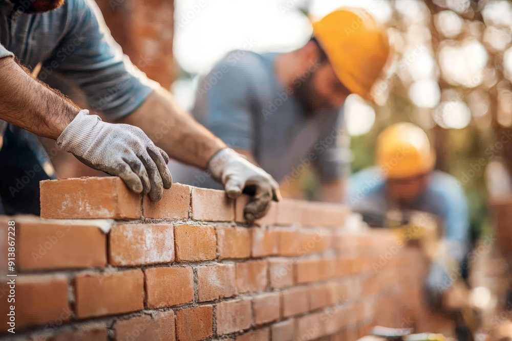 Bricklayer construction worker collaborating with a team, discussing plans and strategies to efficiently build a brick structure Bricklayer construction worker collaborating with a team, discussing plans and strategies to efficiently build a brick structure