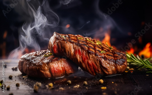 Steaks cooked on the grill and steaming