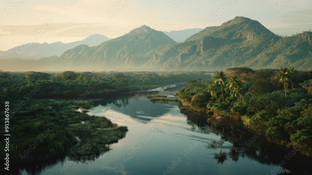 Obraz premium A tranquil river meanders through lush, green forests with towering mountain ranges in the distance beneath a pastel sky at dawn.