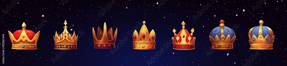 This cartoon illustration of a precious royal decoration consists of a set of golden crowns isolated on a black background. Designed to depict a king or queen wearing colorful jewelry, wearing a This cartoon illustration of a precious royal decoration consists of a set of golden crowns isolated on a black background. Designed to depict a king or queen wearing colorful jewelry, wearing a