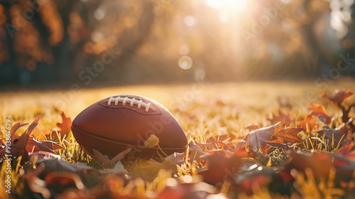 A close-up shot of an American football resting on the autumn grass, bathed in warm, golden sunlight with fallen leaves around.