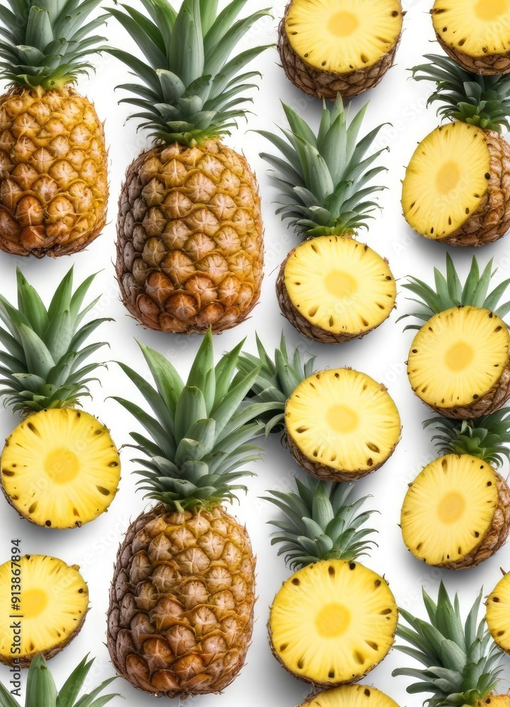 Pineapple set isolated on white background, clipping path, full depth of field, ai Pineapple set isolated on white background, clipping path, full depth of field, ai