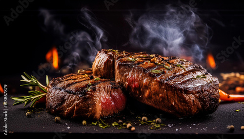 Steaks cooked on the grill and steaming.