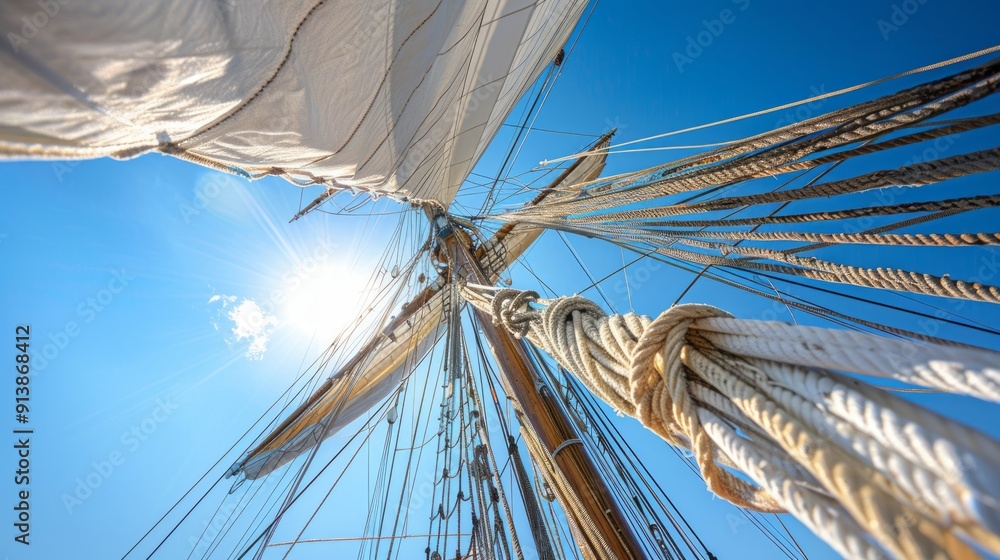 Sun shining through mast of sailboat with blue sky