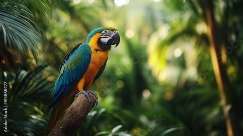 A exotic birds like parrots,or peacocks in their natural habitats, showcasing their striking colors and patterns
