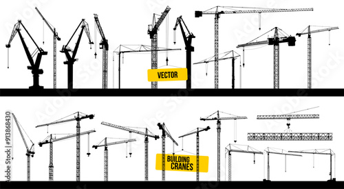Set of tower construction crane. Silhouette black crane working building. Illustration with building cranes isolated on white background. Collection of vector line art. Elevating Construction Crane.