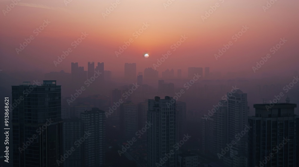 Fototapeta premium A city under the soft glow of the setting sun, shrouded in light haze, creating a dreamy and calming urban landscape.