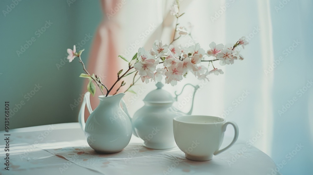 A serene still life with a white teapot, cup, and delicate blossoms in a vase, bathed in soft natural light from a nearby window. A serene still life with a white teapot, cup, and delicate blossoms in a vase, bathed in soft natural light from a nearby window.