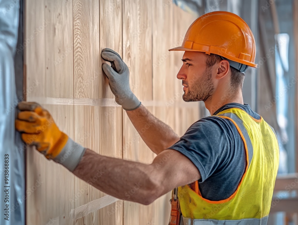 Carpenter construction worker installing wooden flooring, carefully aligning and nailing down each plank to create a seamless, beautiful floor Carpenter construction worker installing wooden flooring, carefully aligning and nailing down each plank to create a seamless, beautiful floor
