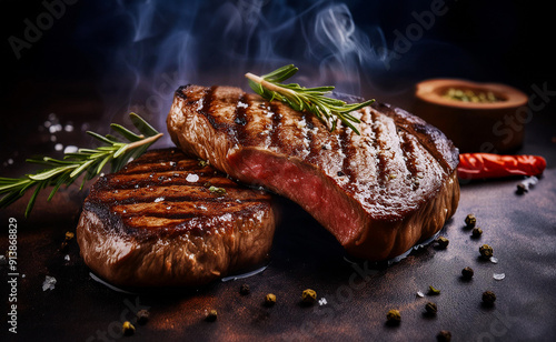 Steaks cooked on the grill and steaming.