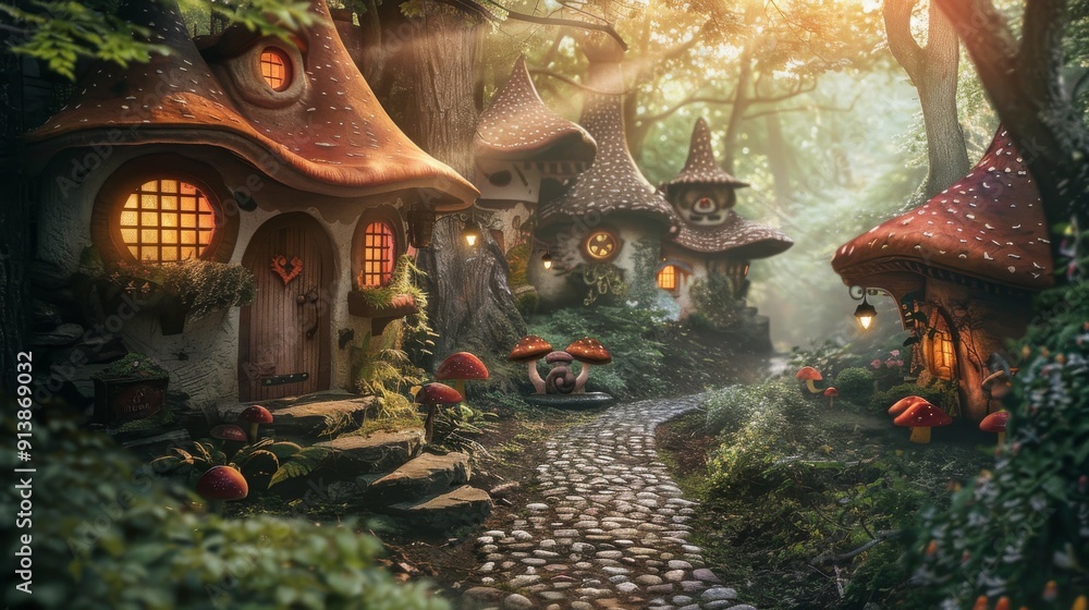 Obraz premium Enchanting mushroom-shaped houses with glowing windows nestled in a mystical forest path, bathed in ethereal golden sunlight.