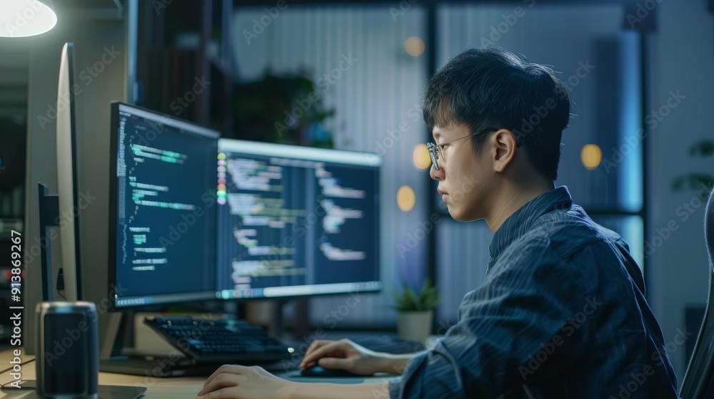 A focused programmer works intently on multiple screens, surrounded by soft ambient lighting in a modern workspace. A focused programmer works intently on multiple screens, surrounded by soft ambient lighting in a modern workspace.