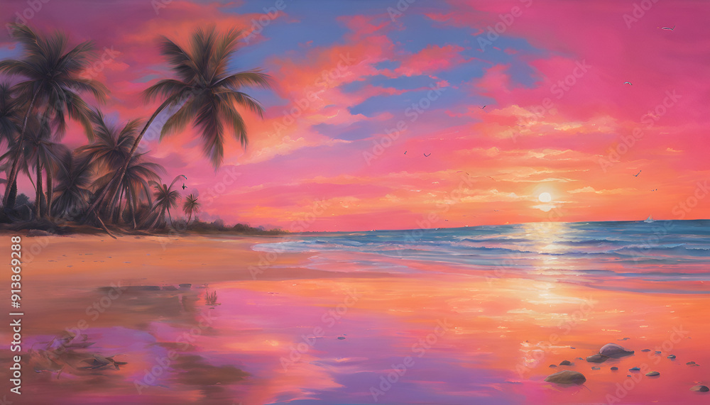 Tranquil Beach Sunset with Vibrant Sky and Silhouetted Palm Trees - Photorealistic Coastal Scene Tranquil Beach Sunset with Vibrant Sky and Silhouetted Palm Trees - Photorealistic Coastal Scene