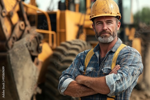 Confident construction worker standing in front of heavy machinery, arms crossed, with a look of determination, representing strength and resilience 