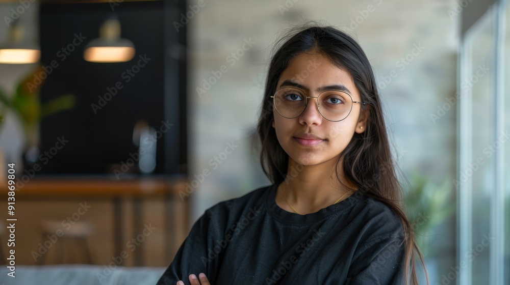 Portrait of a confident young woman with glasses, standing in a modern, well-lit space, exuding calmness and intelligence. Portrait of a confident young woman with glasses, standing in a modern, well-lit space, exuding calmness and intelligence.