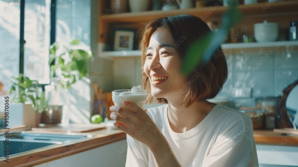 Woman in a bright kitchen, laughing and holding a glass of a creamy beverage, basking in natural light. Woman in a bright kitchen, laughing and holding a glass of a creamy beverage, basking in natural light.