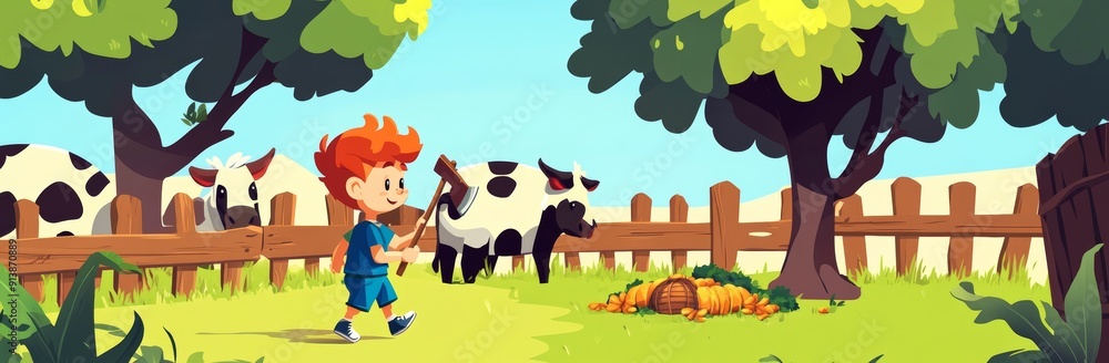 A curious kid checking out a zoo on a summer day. Modern cartoon illustration of a chubby red-haired boy watching animals run, friendly animals in a safari park during the school holidays. A curious kid checking out a zoo on a summer day. Modern cartoon illustration of a chubby red-haired boy watching animals run, friendly animals in a safari park during the school holidays.