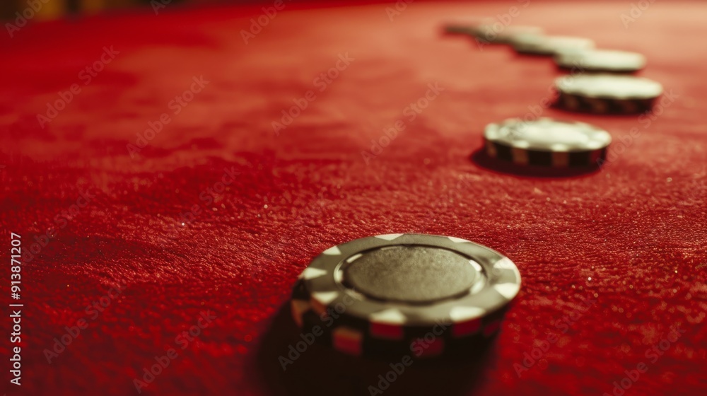 A row of poker chips lines the soft, red casino table, suggesting a setting poised for high-stake games and strategic moves.