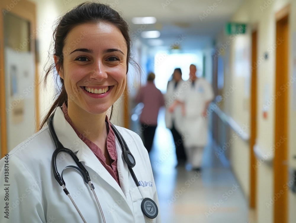 Fototapeta premium Female doctor smiling and standing confidently in a hospital corridor, with colleagues and patients visible in the background 