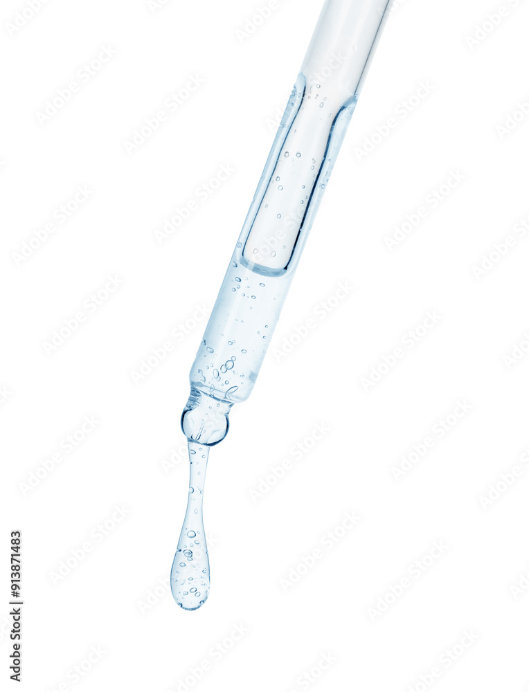 Dropper with light blue cosmetic oil on white background Dropper with light blue cosmetic oil on white background
